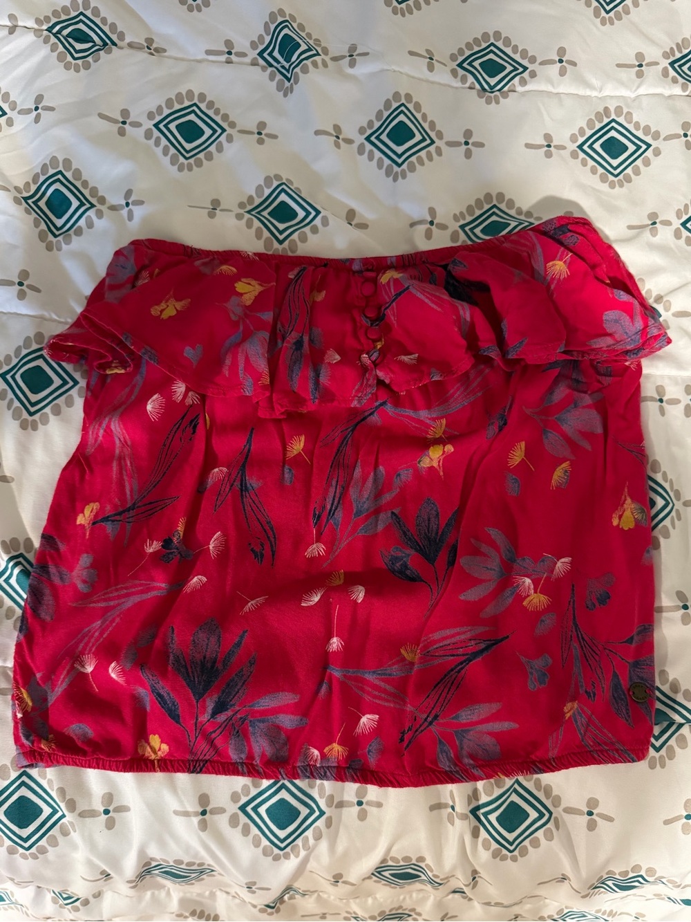 Roxy Red Floral Ruffle Strapless Tank Top